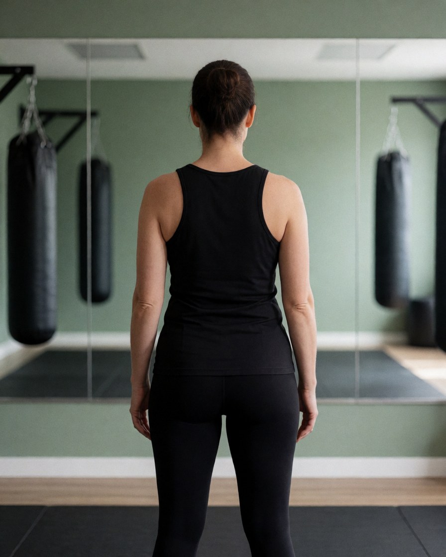Instructrice de boxe féminine vue de dos dans un gymnastique avec sacs de frappe et miroirs, murs verts et sol en bois.
