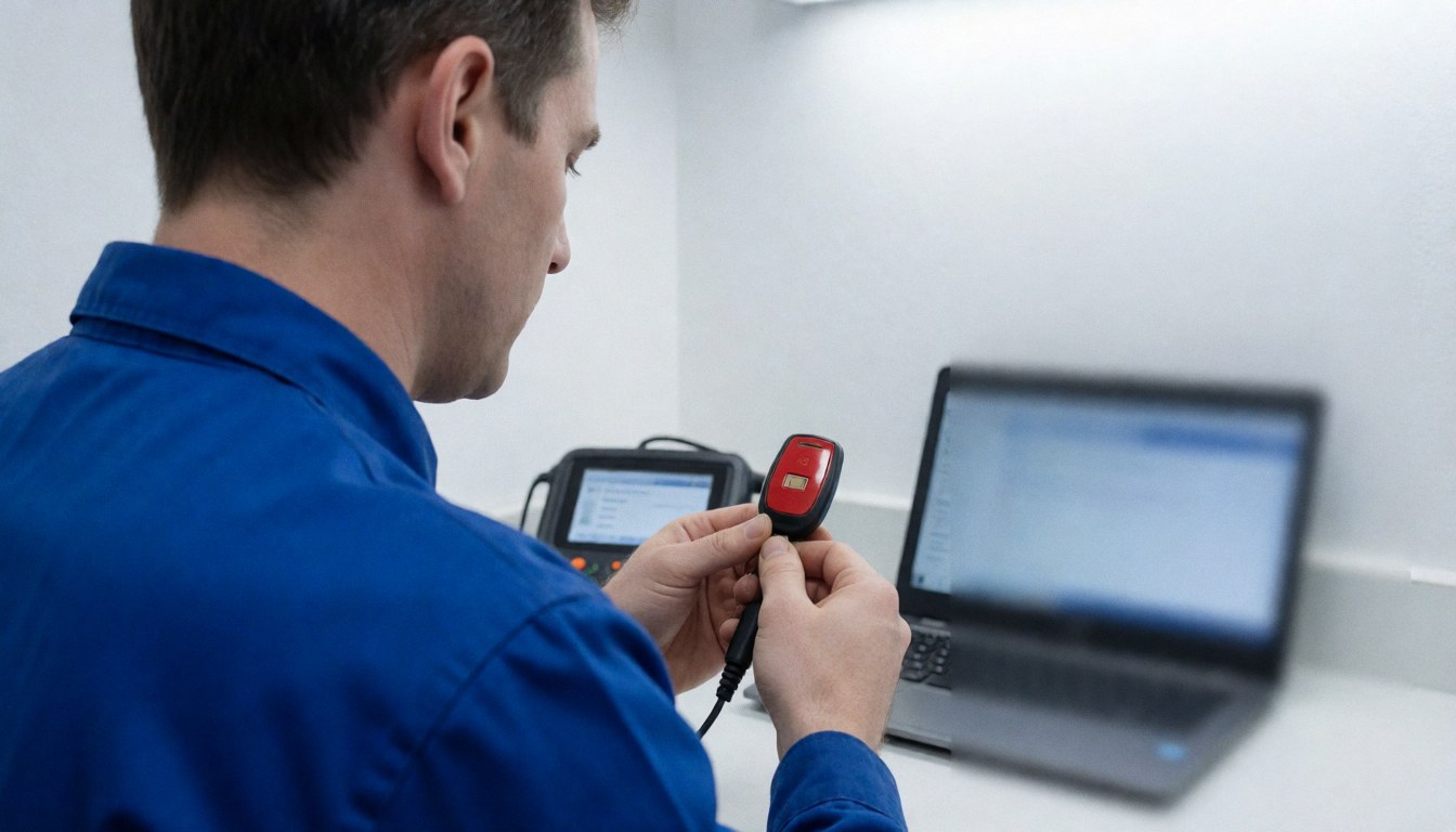 Technicien en uniforme bleu programme une clé transpondeur rouge avec puce près d'un dispositif numérique et d'un ordinateur portable dans un atelier de serrurerie.