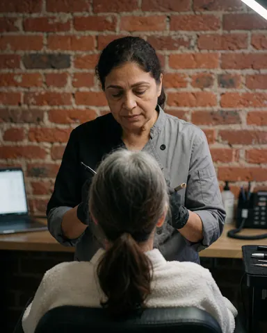 Un professionnel portant des gants effectue un microblading sur une cliente assise dans un studio de beauté avec des outils visibles.