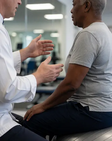 Un thérapeute accompagne un client lors d'un exercice d'étirement sur un ballon de gym dans un gymnastique équipé de miroirs et d'un sol en caoutchouc.