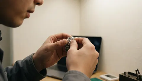 Mains ajustant un bracelet métallique de montre dans un atelier de réparation avec des murs blancs chauds et du matériel visible.