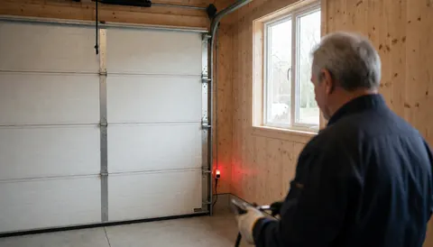 Un installateur de portes de garage examine un capteur photoélectrique rouge dans un garage aux murs en bois et à la lumière naturelle.