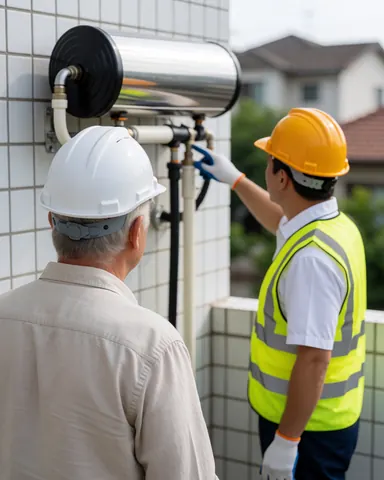 Un technicien en casque jaune fixe un chauffe-eau solaire sur un mur carrelé blanc tandis qu'un client en casque blanc observe la scène.