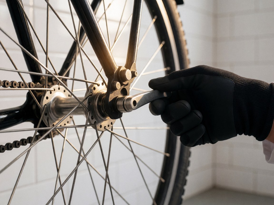 Main portant un gant noir manipulant une clé de libération rapide sur une roue de vélo à jante métallique brillante dans un atelier.