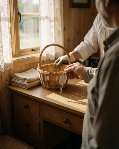 Client recevant les clés à l'accueil d'une maison rurale avec panier d'accueil et serviettes, lumière naturelle par la fenêtre avec rideaux en dentelle
