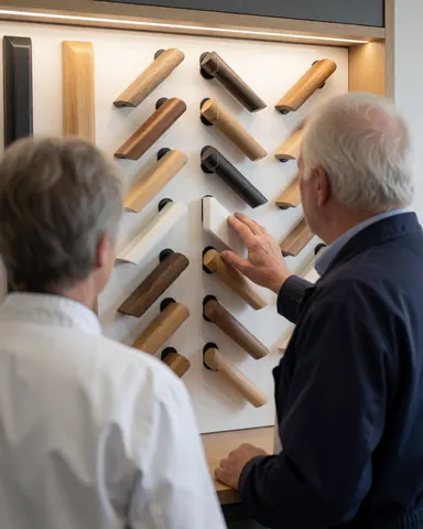 Un client âgé examine et touche des échantillons de barrières dans un magasin moderne avec un éclairage professionnel.