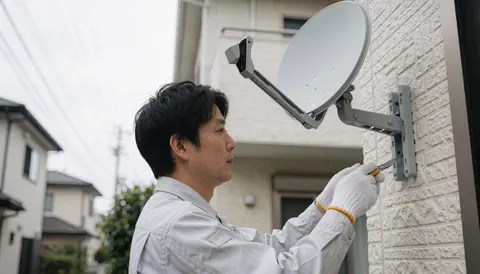Un technicien installe une antenne satellite sur un mur en briques dans un cadre résidentiel, équipé de gants et d'outils.