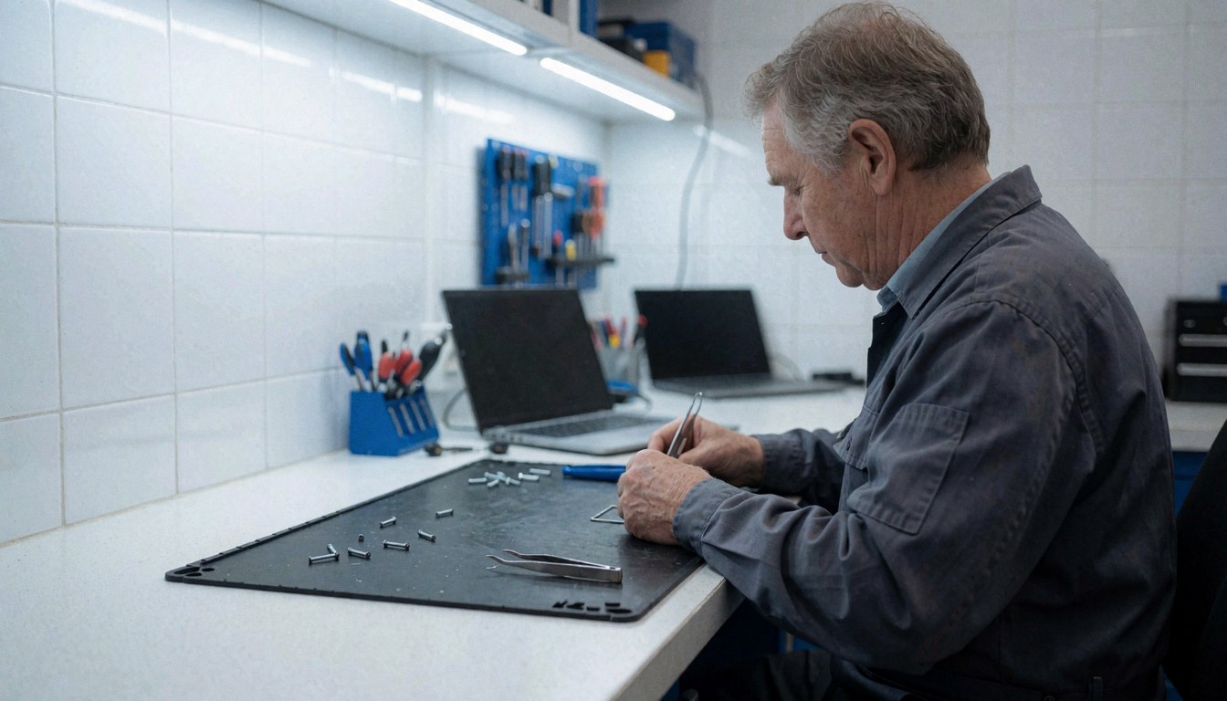 Un technicien âgé répare un téléphone dans un atelier équipé d'outils, de pinces, d'un tapis antistatique et d'un éclairage professionnel sur fond de carreaux blancs.