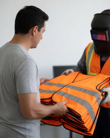 Une cliente observe des gilets de sécurité orange à bandes réfléchissants dans un atelier, un travailleur casqué se tenant à proximité.