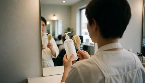 Une esthéticienne de dos tient un kit d'hygiène devant un miroir dans un salon de beauté aux murs gris clair.