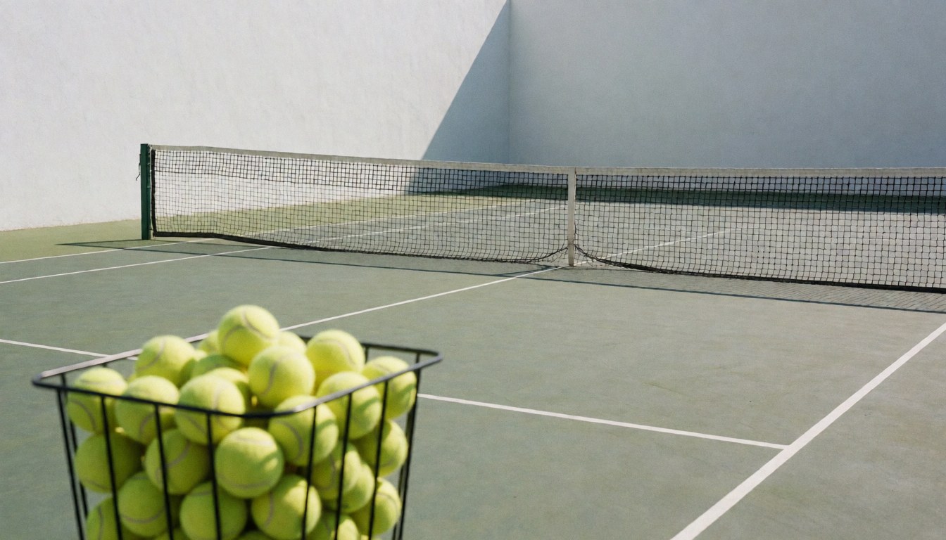 Terrain de tennis extérieur avec un panier rempli de balles jaunes, un filet et des murs blancs, idéal pour un site web d'instructeur de tennis.