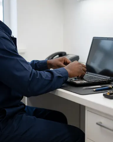 Technicien en uniforme réparant un ordinateur portable avec des outils sur une table blanche dans un atelier propre.