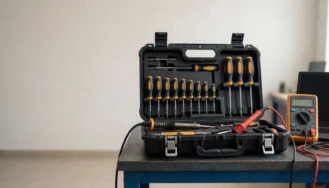 Coffret à outils ouvert contenant un fer à souder et un multimètre posés sur une table de travail, idéal pour la réparation de téléviseurs.