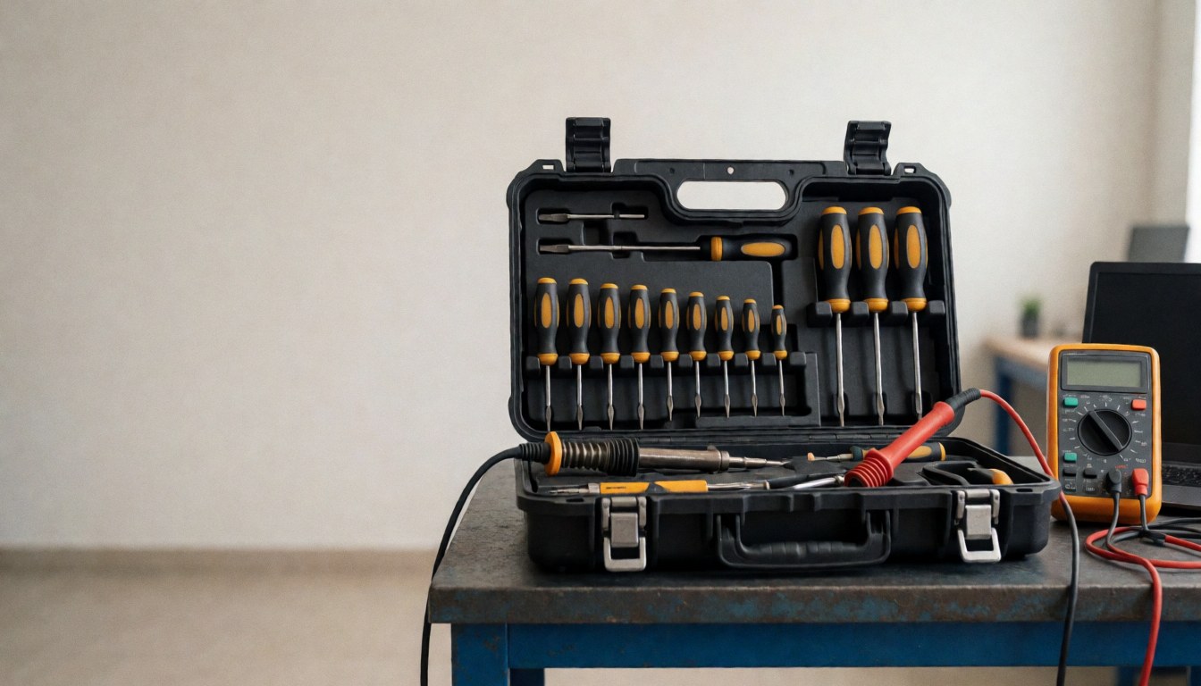 Coffret à outils ouvert contenant un fer à souder et un multimètre posés sur une table de travail, idéal pour la réparation de téléviseurs.