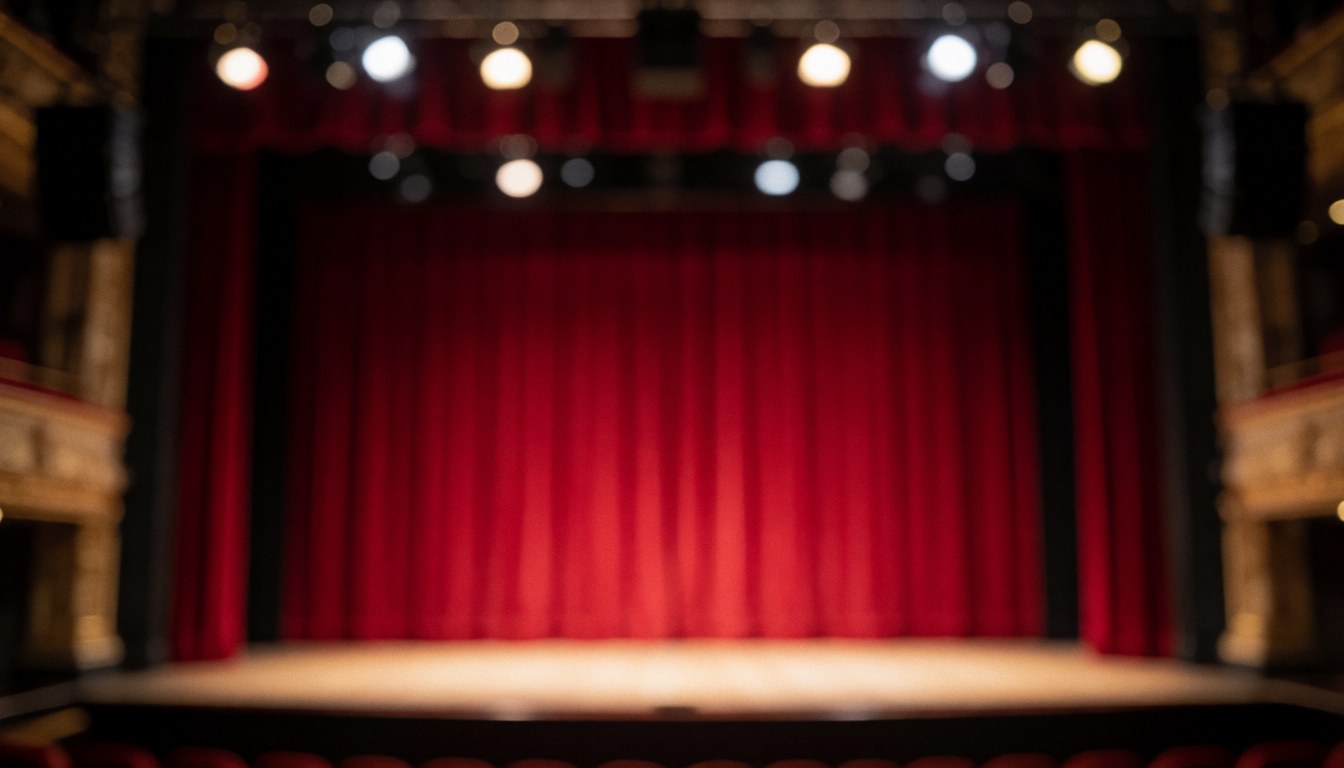 Scène de théâtre vide avec rideaux rouges et lumières bokeh, idéale pour textes promotionnels de spectacles.