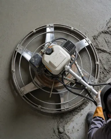 Vue de dessus d'une machine de nivellement du béton avec un travailleur portant des gants de protection et des outils hydrauliques sur une surface en béton fraîchement coulé.