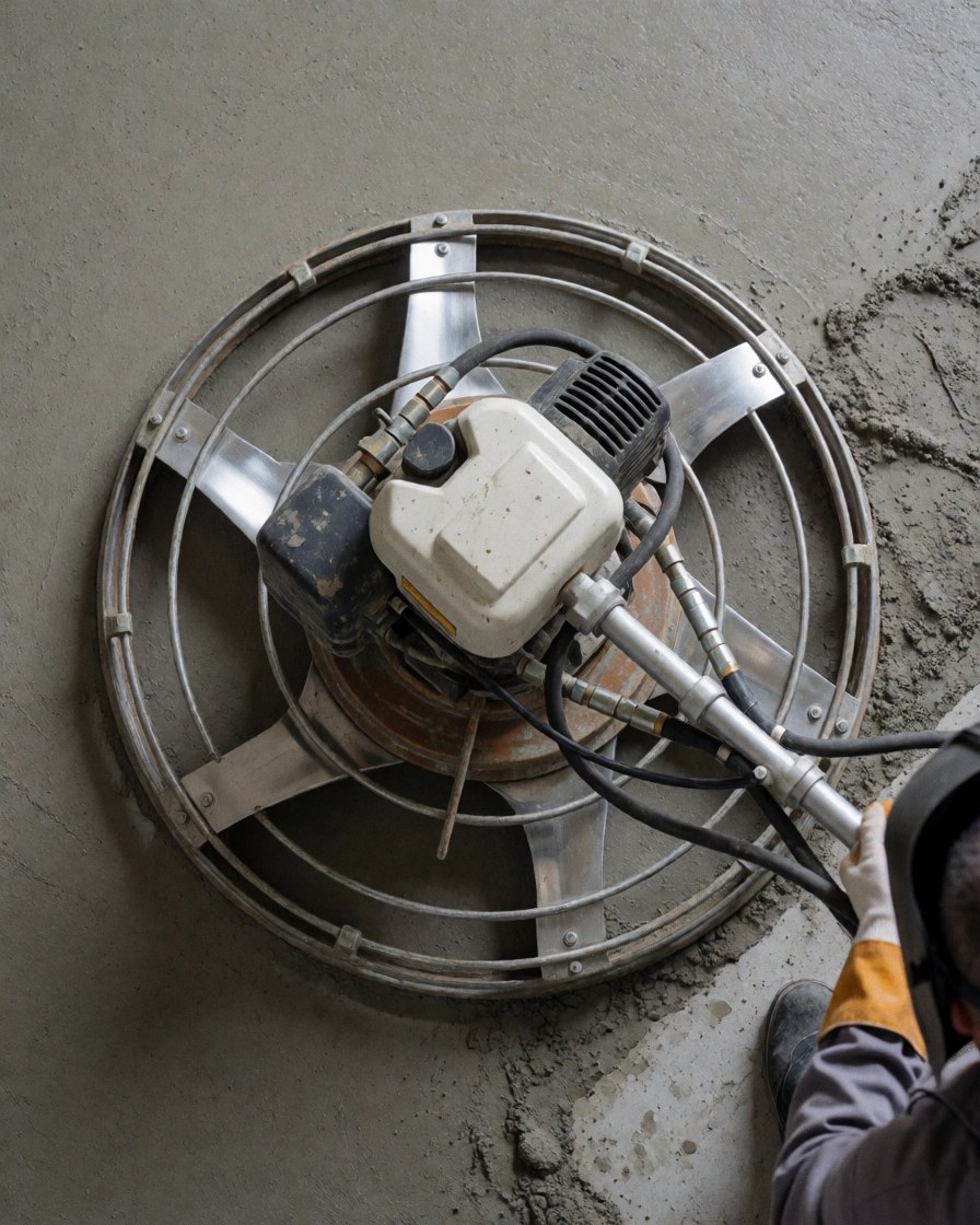 Vue de dessus d'une machine de nivellement du béton avec un travailleur portant des gants de protection et des outils hydrauliques sur une surface en béton fraîchement coulé.