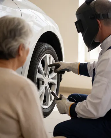 Une technicienne senior portant un casque de soudage montre une roue automobile à un client dans un atelier bien éclairé et propre.