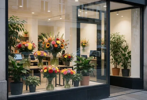Vitrine d'une fleuristerie moderne présentant des bouquets et des plantes en pot, éclairage chaleureux et reflets de la rue, idéale pour promouvoir le commerce.