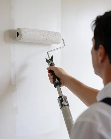 Peintre professionnel appliquant de la peinture blanche mate avec un rouleau sur un mur réparé, vu de dos, idéal pour les services de réparation.