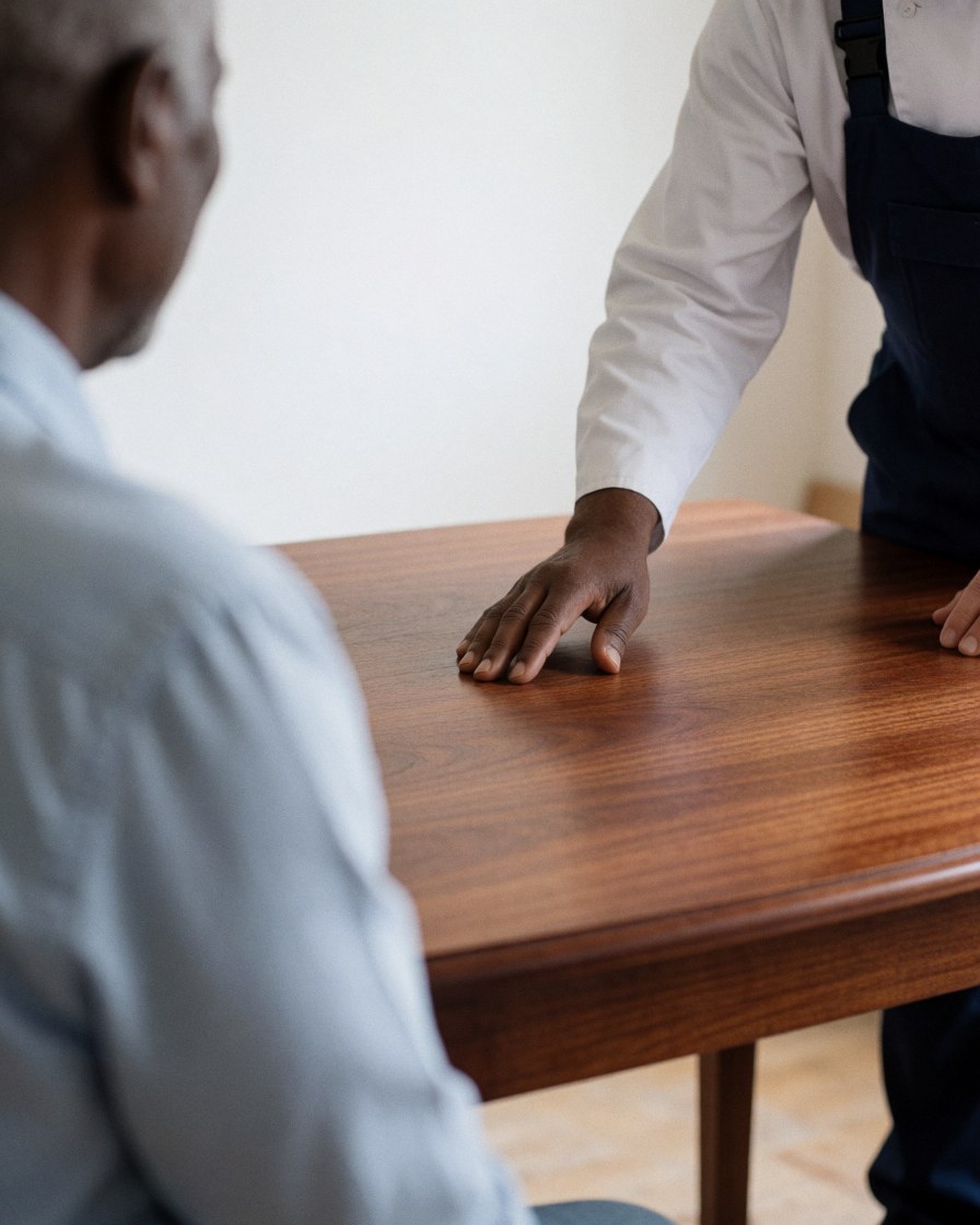 Un client touche la surface lisse d'une table en bois dans un atelier de menuiserie avec des murs blancs et un travailleur debout.