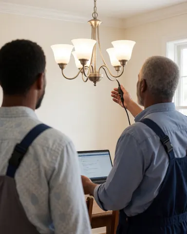 Un électricien professionnel installe un luminaire dans une salle à manger aux murs crème, montrant le résultat du travail avec un client.