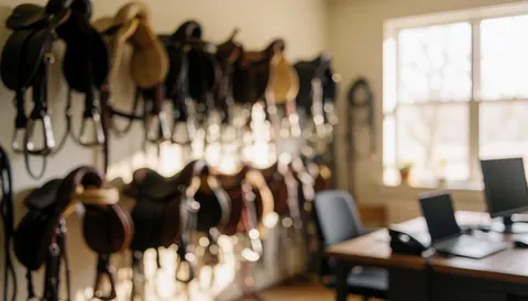 Selles de cheval accrochées au mur d'un bureau équestre, avec un ordinateur et un ordinateur portable sur le bureau, éclairage naturel par la fenêtre.