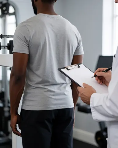 Un coach de crossfit prend des notes sur un classeur tout en évaluant un client de dos dans un gymnase moderne avec équipement visible et murs gris clair.