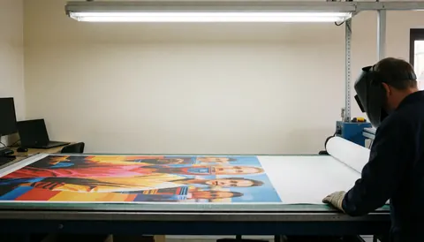 Un professionnel découpe un grand vinyle coloré sur une table de coupe dans un atelier d'impression avec une lumière industrielle.