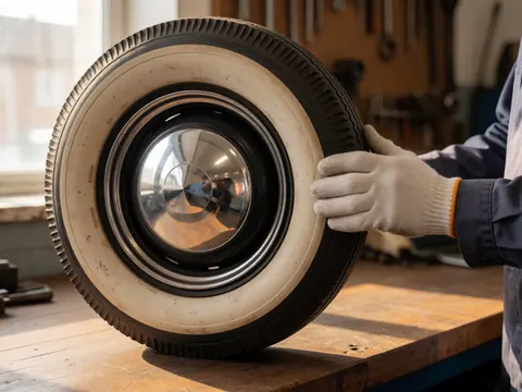 Mécanicien ganté touchant un pneu blanc dans un atelier avec outils suspendus et lumière naturelle.