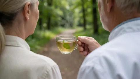 Deux adultes profitent d'une tasse de thé à la menthe sur un sentier forestier, avec de la vapeur s'élevant et de la végétation verte en arrière-plan.