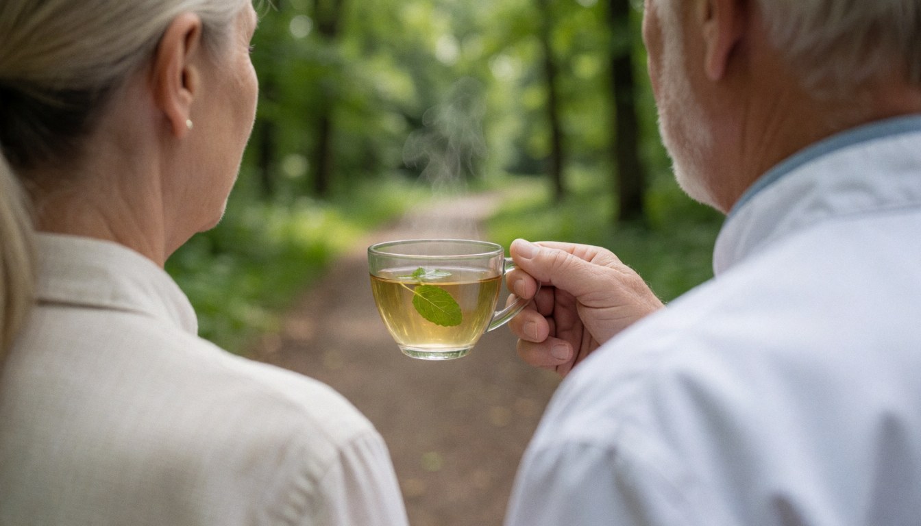 Deux adultes profitent d'une tasse de thé à la menthe sur un sentier forestier, avec de la vapeur s'élevant et de la végétation verte en arrière-plan.