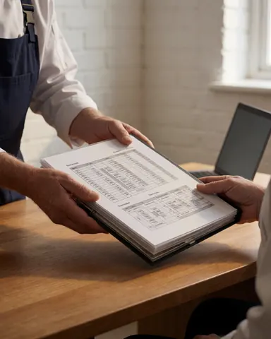 Un entraîneur d'athlétisme présente un plan de periodisation avec graphiques à un client sur une table en bois devant un mur de briques blanches.