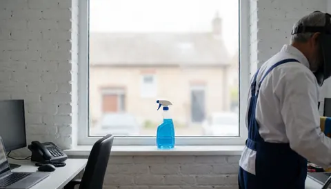 Un professionnel nettoie une fenêtre avec un flacon bleu posé sur le rebord, devant un mur en briques blanches éclairé par la lumière naturelle.