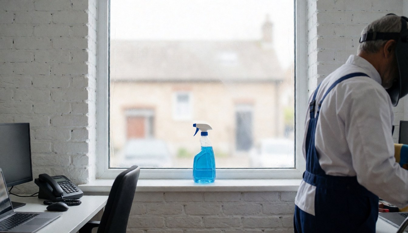 Un professionnel nettoie une fenêtre avec un flacon bleu posé sur le rebord, devant un mur en briques blanches éclairé par la lumière naturelle.