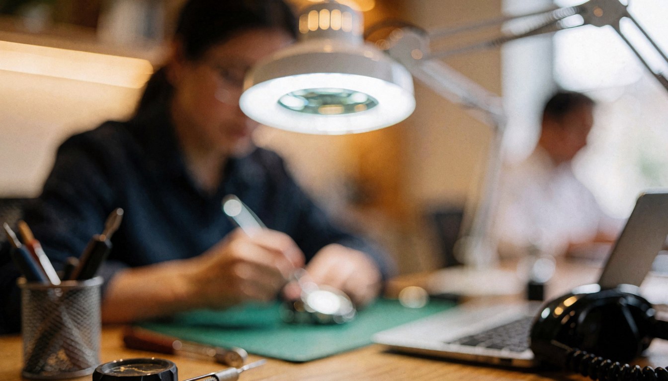 Vue rapprochée d'une loupe, d'outils de précision et d'une montre en réparation sur une table de travail en bois, évoquant un atelier professionnel et chaleureux.