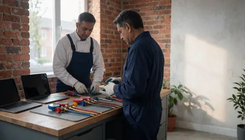 Deux techniciens examinent un manomètre de réfrigérant sur une table de travail avec un mur en briques, éclairé par la lumière naturelle.