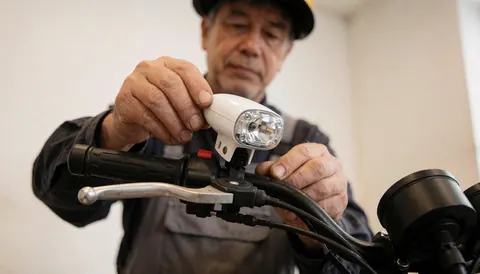 Un mécanicien fixe une lumière blanche sur le guidon d'un vélo dans un atelier aux murs blancs, illustrant un service de réparation en cours.
