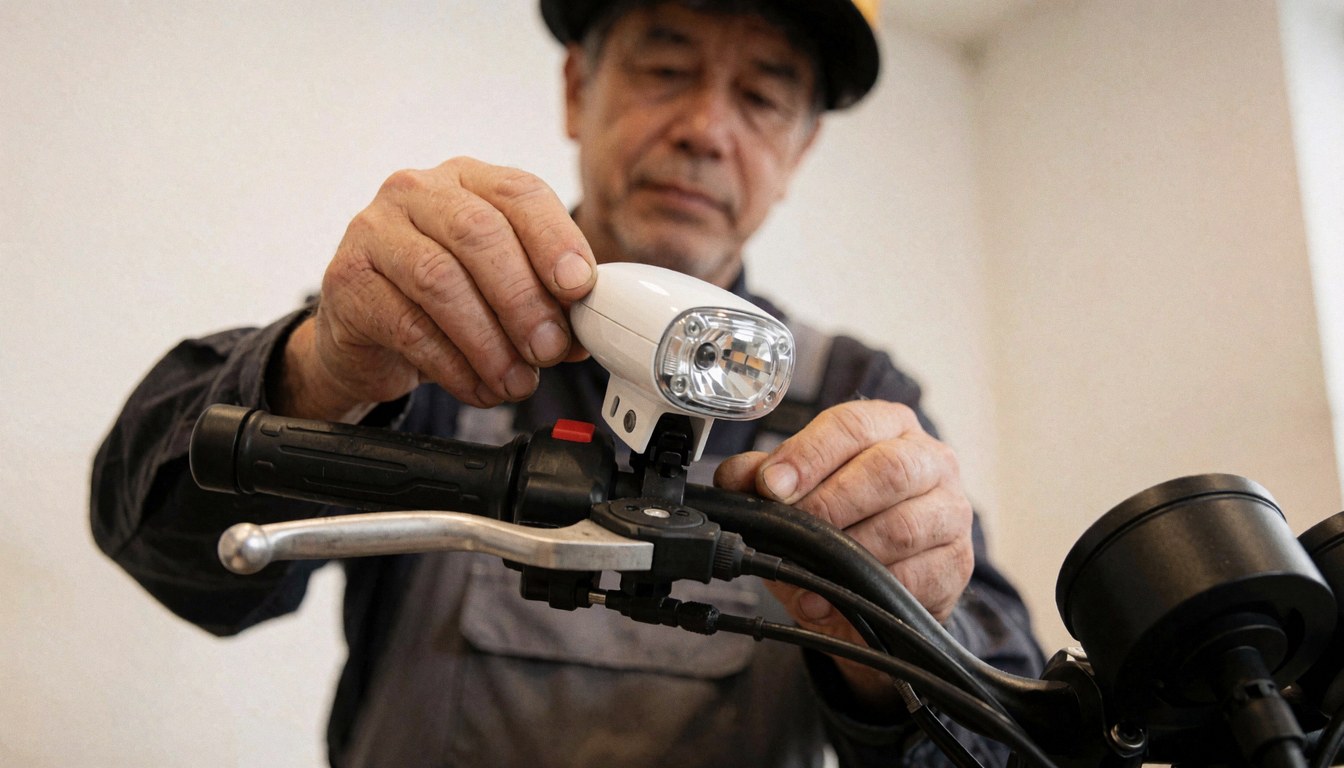 Un mécanicien fixe une lumière blanche sur le guidon d'un vélo dans un atelier aux murs blancs, illustrant un service de réparation en cours.