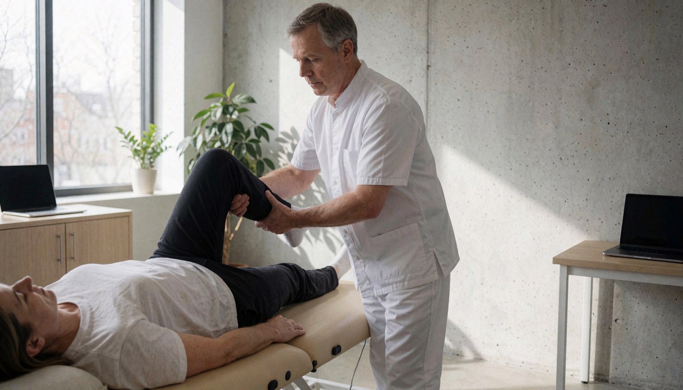 Un thérapeute étire la jambe d'un client dans une clinique moderne aux murs en béton et à la lumière naturelle.
