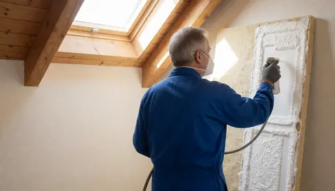 Un technicien en masque applique de la mousse d'isolation thermique sur une plaque posée sur un toit avec une lucarne et des murs blancs.