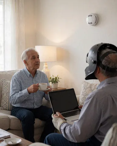 Un technicien portant un casque teste un détecteur de fumée dans un salon avec un client.