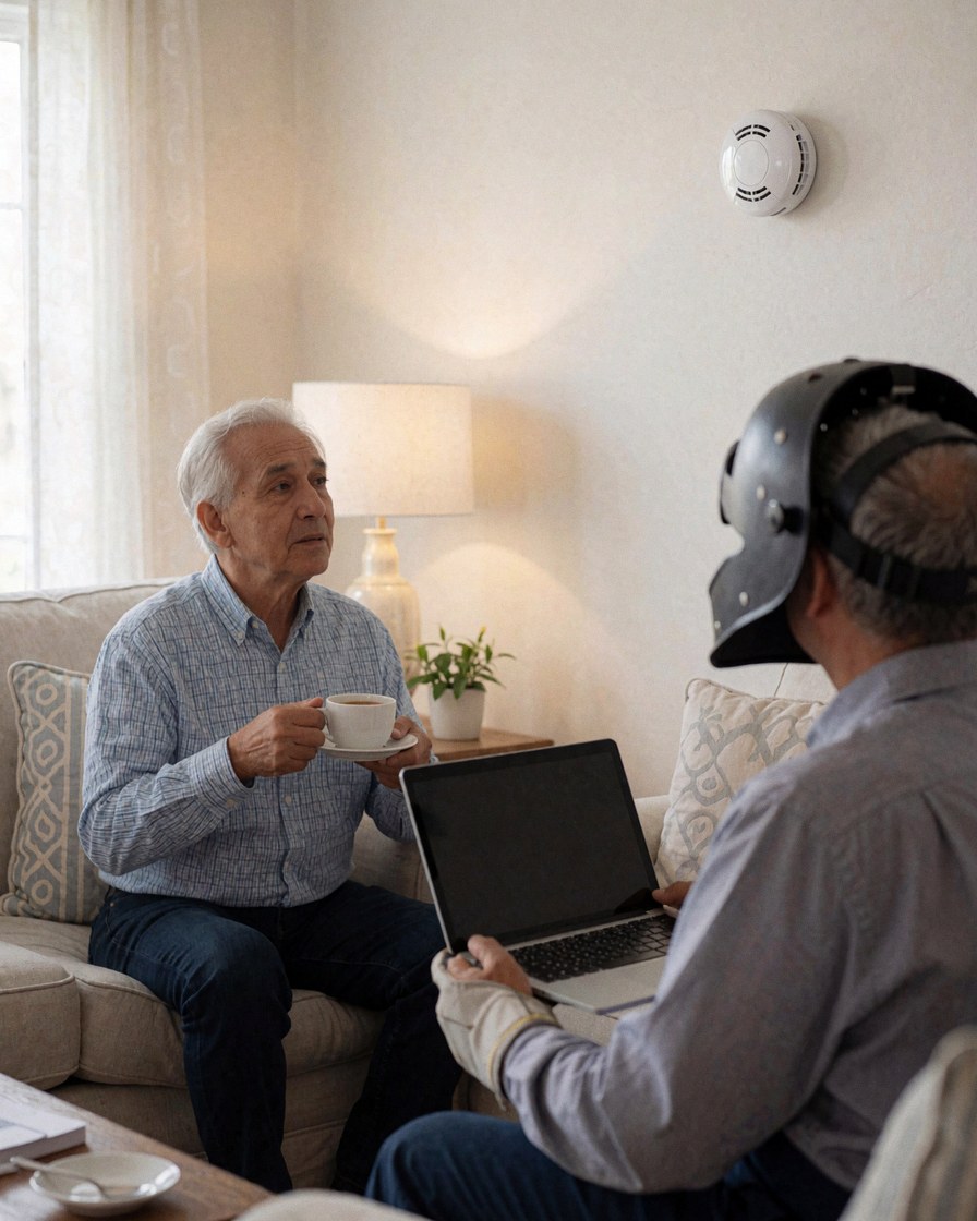 Un technicien portant un casque teste un détecteur de fumée dans un salon avec un client.