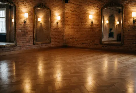 Un studio de tango vide présentant un sol en parquet, des murs en briques et des miroirs vintage éclairés par une lumière chaude, idéal pour des cours ou des événements.