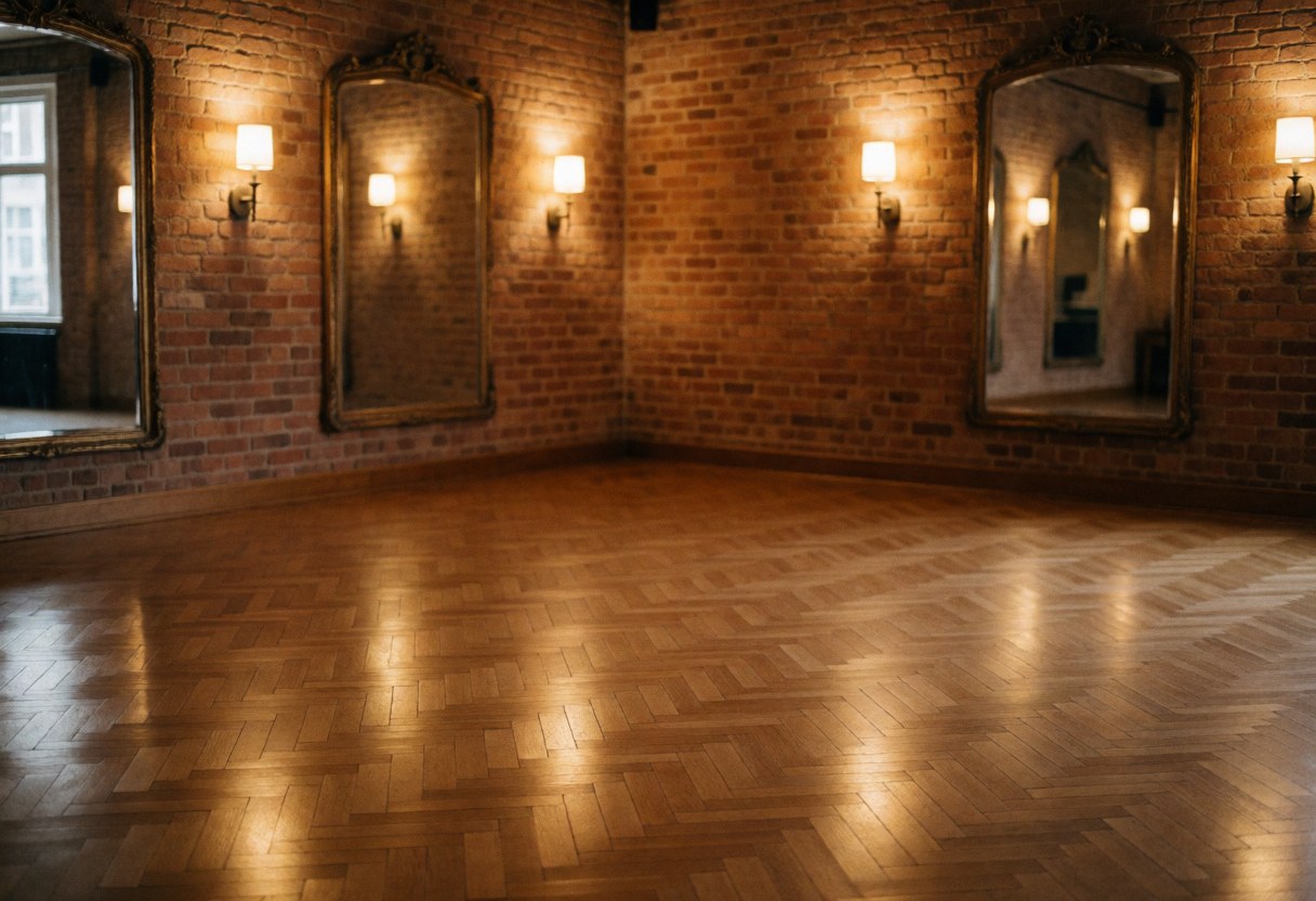 Un studio de tango vide présentant un sol en parquet, des murs en briques et des miroirs vintage éclairés par une lumière chaude, idéal pour des cours ou des événements.