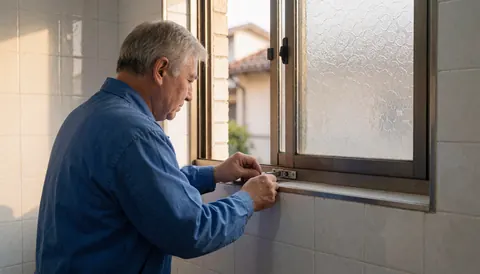Un technicien installe une serrure sur une fenêtre de maison, avec des carreaux blancs et des outils visibles sous la lumière du soleil.