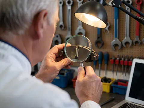 Mécanicien examinant des plaquettes de frein avec une loupe dans un atelier de vélo, entouré d'outils et éclairé par une lampe de travail.