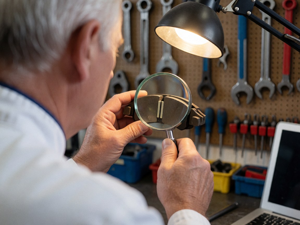 Mécanicien examinant des plaquettes de frein avec une loupe dans un atelier de vélo, entouré d'outils et éclairé par une lampe de travail.