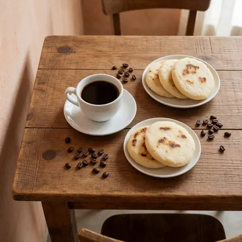 Tasse de café noir et arepas sur assiettes posées sur une table en bois rustique, devant un mur en plâtre terracotta, créant une ambiance chaleureuse.