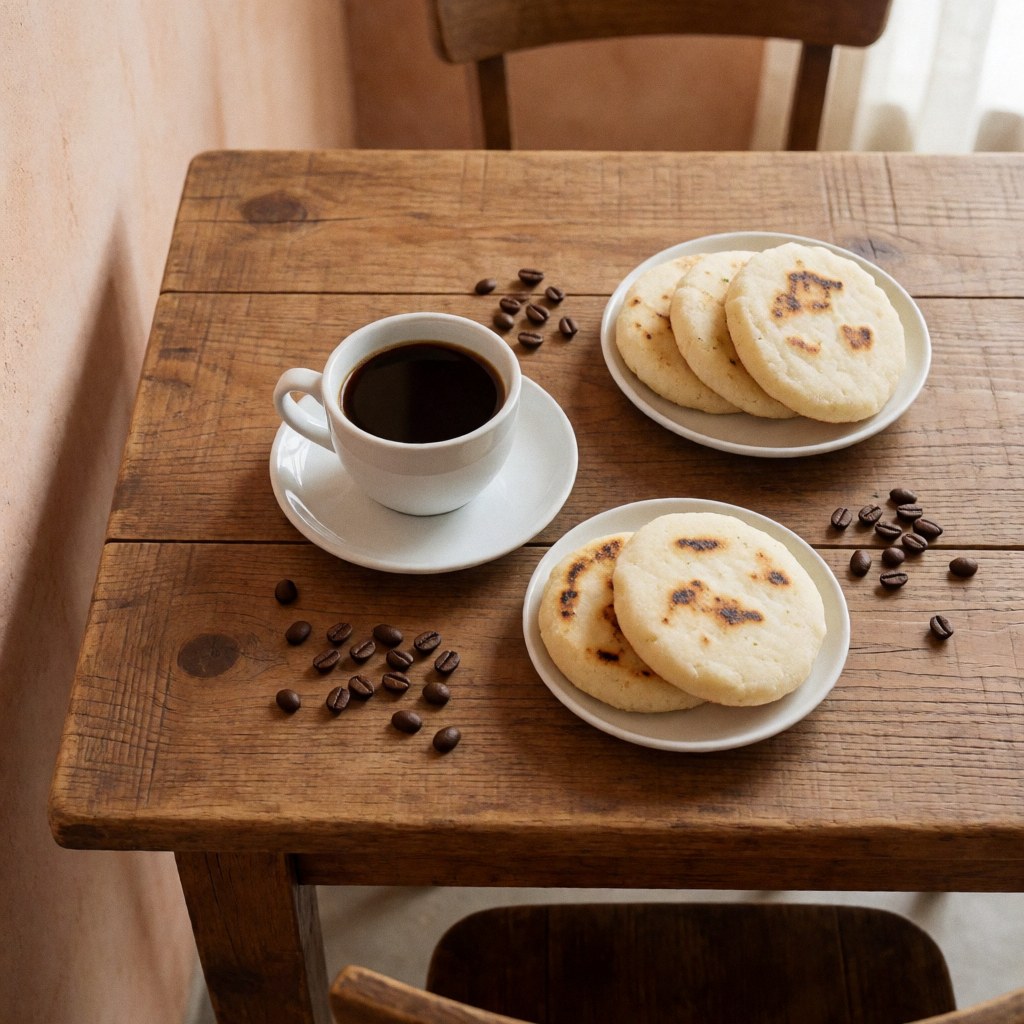 Tasse de café noir et arepas sur assiettes posées sur une table en bois rustique, devant un mur en plâtre terracotta, créant une ambiance chaleureuse.